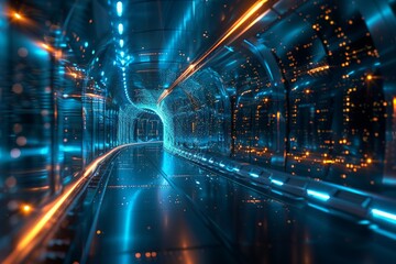 Fototapeta premium A futuristic data center with glowing energy waves emanating from the computers, symbolizing advanced technology and connectivity. Blue hues dominate for contrast against the black background. In the