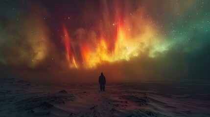 Aurora borealis landscape with a solitary figure standing in the foreground