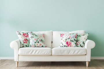 Elegant White Sofa with Decorative Floral Pillows Against Pale Teal Wall Interior. Background with copy space