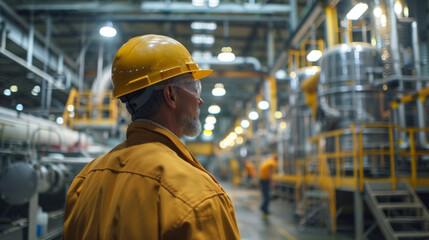 Experienced senior engineer in a yellow hard hat overseeing operations in a large industrial facility.