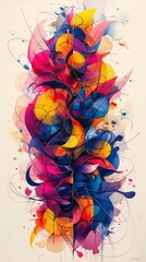 An abstract, colorful, and joyful piece that is bound to polarize viewers. The composition features an explosion of vibrant colors, with swirls, splashes, and geometric shapes intertwining in a chaoti