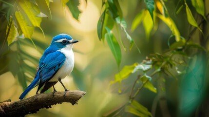 Obraz premium A blue-and-white bird perches on a green tree branch