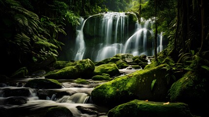 Panoramic view of beautiful waterfall in the rainforest. Long exposure.