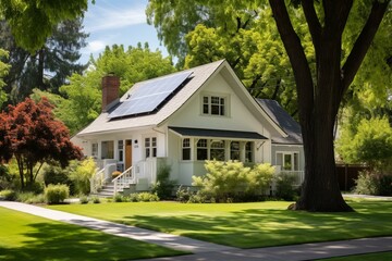 Modern suburban house with solar panels on the roof