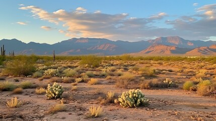 Arid desert landscape with cacti and mountains in the background