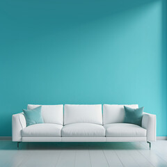 Modern white sofa with teal accent pillows against a bright blue wall. Background with copy space