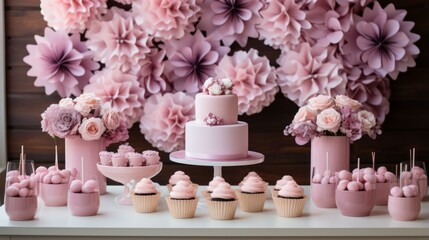 Pink floral themed birthday party dessert table
