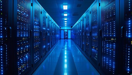 Fototapeta premium servers in datacenter blue light high contrast