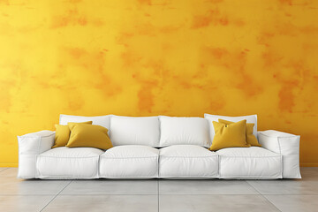 Modern white sofa with bright yellow pillows against a textured yellow wall. Background with copy space