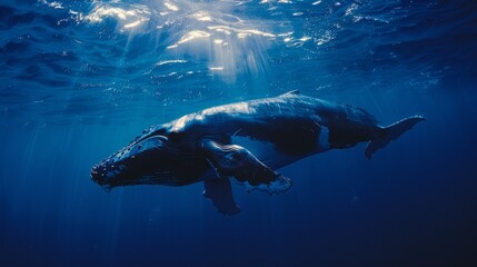   A humpback whale swims beneath the water's surface as sunlight streams through it