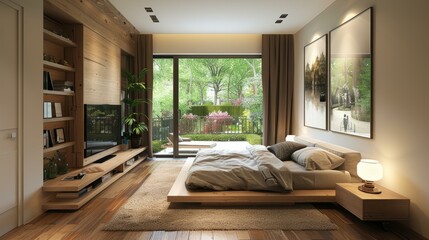 Fototapeta premium Modern bedroom interior design with wooden wall and large windows overlooking garden