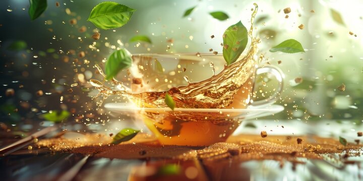   A cup of tea with a floatable sprinkle of water and green leaves afloat