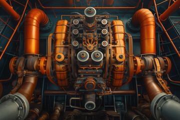 Top view of the ship's main engines inside the engine room