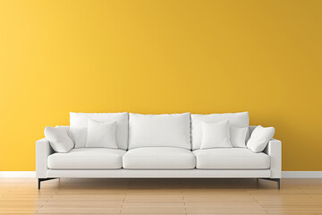 Modern White Couch with Comfortable Pillows Against Vibrant Yellow Wall, Wooden Flooring. Background with copy space