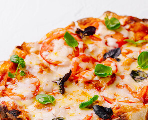 Fresh baked margherita pizza on white background