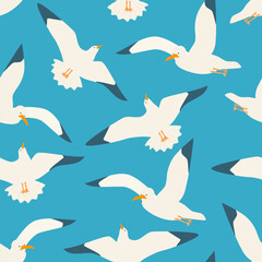 cute hand drawn cartoon seagulls flying in the blue sky seamless vector pattern background illustration