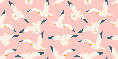 cute hand drawn cartoon seagulls flying in a pink sunset sky seamless vector pattern background illustration