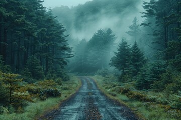  empty road winding through a dense green forest enveloped in fog, with majestic mountains looming in the distance.