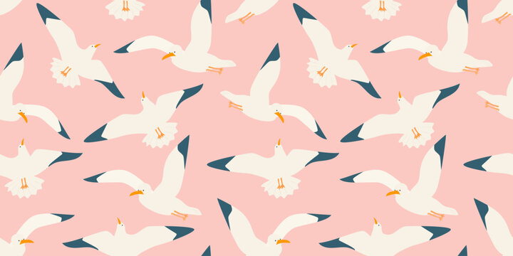  cute hand drawn cartoon seagulls flying in a pink sunset sky seamless vector pattern background illustration