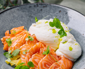 Gourmet smoked salmon and poached egg breakfast