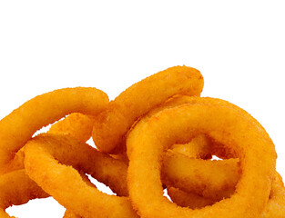 Crispy golden onion rings on white background