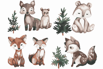 Fototapeta premium Set of cute animals, a simple watercolor clipart, white background.