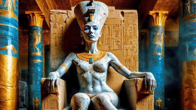 The beautiful Egyptian goddess-pharaoh Hatshepsut sits on a golden throne in the Dendera temple