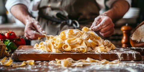 Italian pasta being prepared on a wooden board
