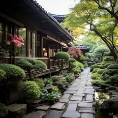 Japanese garden with a stone path, trees, and shrubs