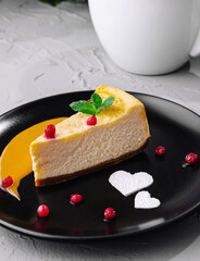 Gourmet cheesecake with coffee on elegant tabletop