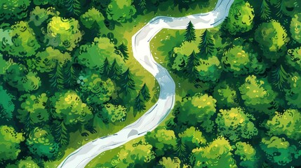 Aerial View Of Road Winding Through Green Woods, Offering A Glimpse Into The Beauty And Serenity Of Nature, Inviting Exploration And Adventure, Cartoon Background