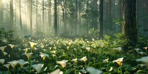 Calla lilies in the misty forest