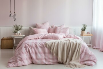 Elegant pink and white bedroom interior with big comfortable bed