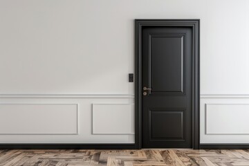 Minimalistic room design with black door and white wall contrast. The sleek hardwood flooring enhances the modern aesthetic of the space.