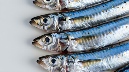 Fresh sardines rich in omega3 on white background offering essential fatty acids. Concept Fresh Seafood, Omega-3, Sardines, Healthy Eating, White Background - obrazy, fototapety, plakaty