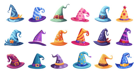 Cartoon Witch Hat Styles. Icons Set, Depicting Hats of Different Colors, Shapes, and Patterns on White Background for Halloween, Costume, Fantasy, Witchcraft, Magic, Sorcery Spooky and Magical Themes