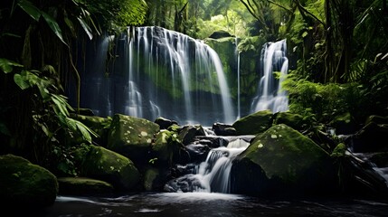 Panorama of beautiful waterfall in the rainforest. Long exposure.