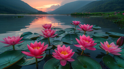 Pink lily flowers in the lake surrounded by mountains.