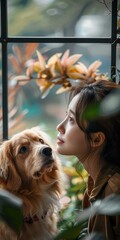 A woman and her golden retriever dog looking out the window