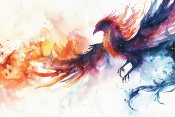 A fantastic watercolor of a mystical phoenix rising from ashes, symbolizing rebirth isolated with a white background
