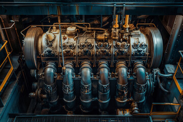 Top view of the ship's main engines inside the engine room