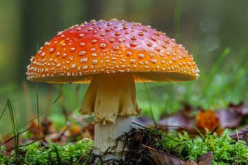 Red and white spotted mushroom closeup