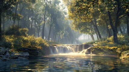 The sun shines through the forest waterfall and into the river