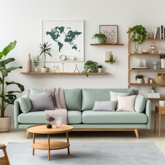 A living room with a green sofa, plants, and a world map