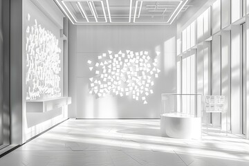 White minimalist interior space with geometric wall sculpture and large windows