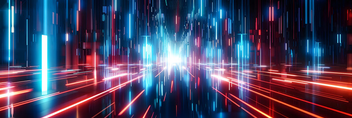 Obraz premium The picture of the uncountable amount of the vertical red and blue neon light pillars that has been filled everywhere of picture of futuristic enormous dark cyberspace yet bright with light. AIGX01. A