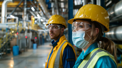 Two workers, a man and a woman, wearing safety gear and face masks inspect equipment in a modern industrial factory.