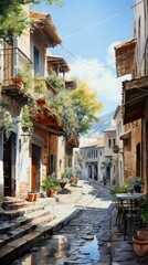 Fototapeta premium Balcony plants in a narrow street