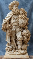 Statue of a man with a beard and a hat holding a skull and a bunch of grapes