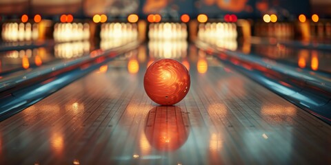 Bowling ball on the lane with pins in the background